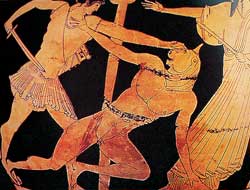 In the labyrinth, Theseus kills the Minotaur