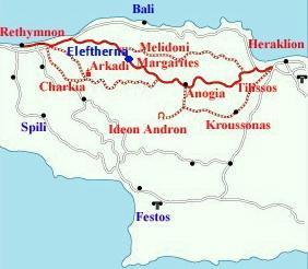 Map of Crete. Rethymnon, Arkadi and Anogia