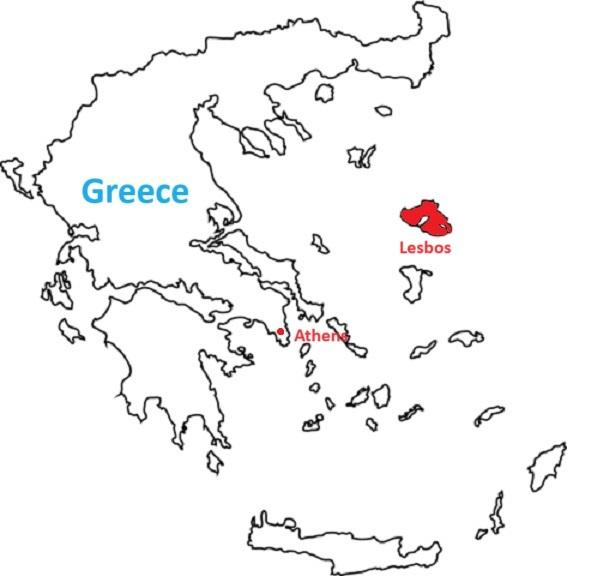 Map of Lesbos or Lesvos, in Greece